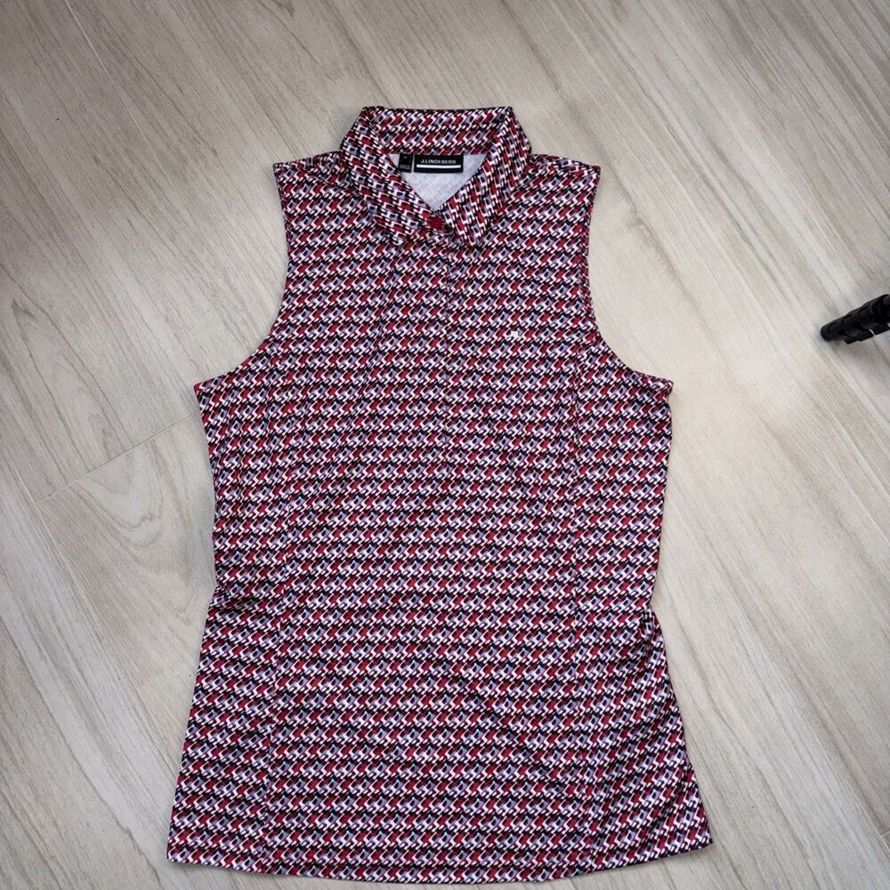 J. Lindeberg Ladies Dena Sleeveless Golf Polo Shirt M Red,Black,White Geometric